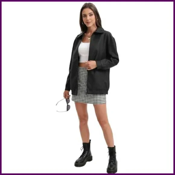 Oversized Faux Leather Motorcycle Jacket, Loose Fit Zip Up